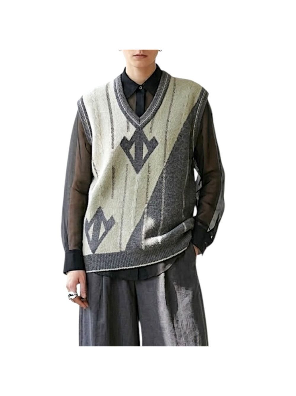 Vintage 80s oversized boxy wooly abstract argyle v neck pull over grandpa vest - Picture 3 of 12